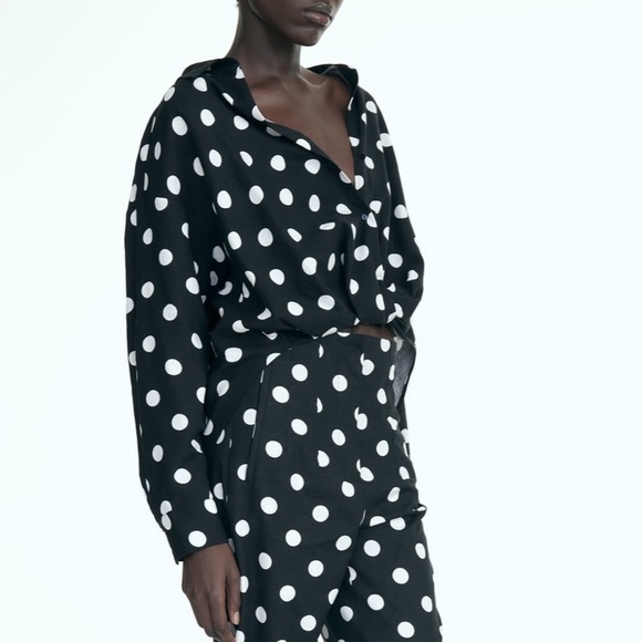 Zara NWT linen black & white polka dot knot front button front long sleeve shirt - Picture 6 of 10